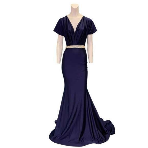 Jessica Angel 879 Short Sleeve Rhinestone Trimmed Gown Navy Blue Size XS NWT - Picture 1 of 2